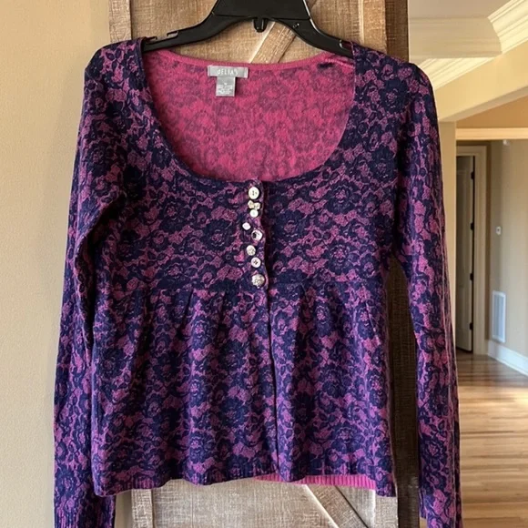 Romantic Sweater Delias Vintage Purple Peplum Top Sweater Cardigan Womens M - Picture 12 of 15